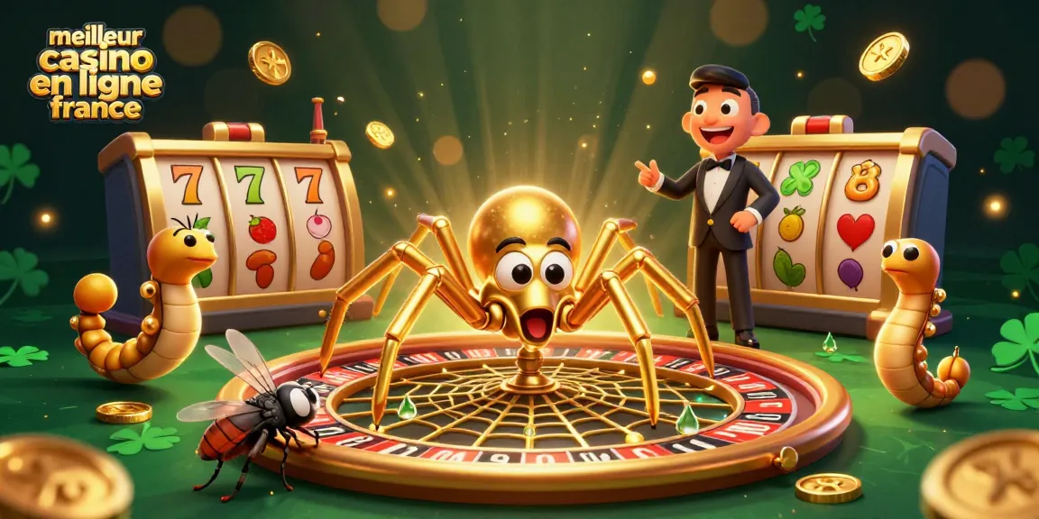 Visualisation dynamique d'un meilleur casino en ligne France avec une araignée dorée et un croupier centipède.