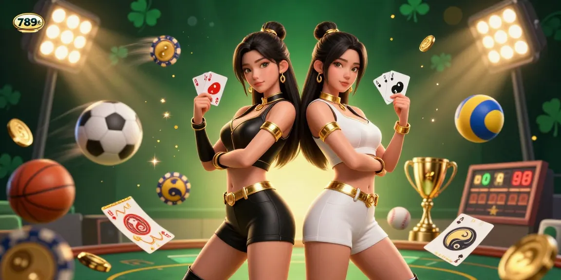 Place bets at 789bet with stunning visuals of Asian women holding cards and sports elements in 3D.
