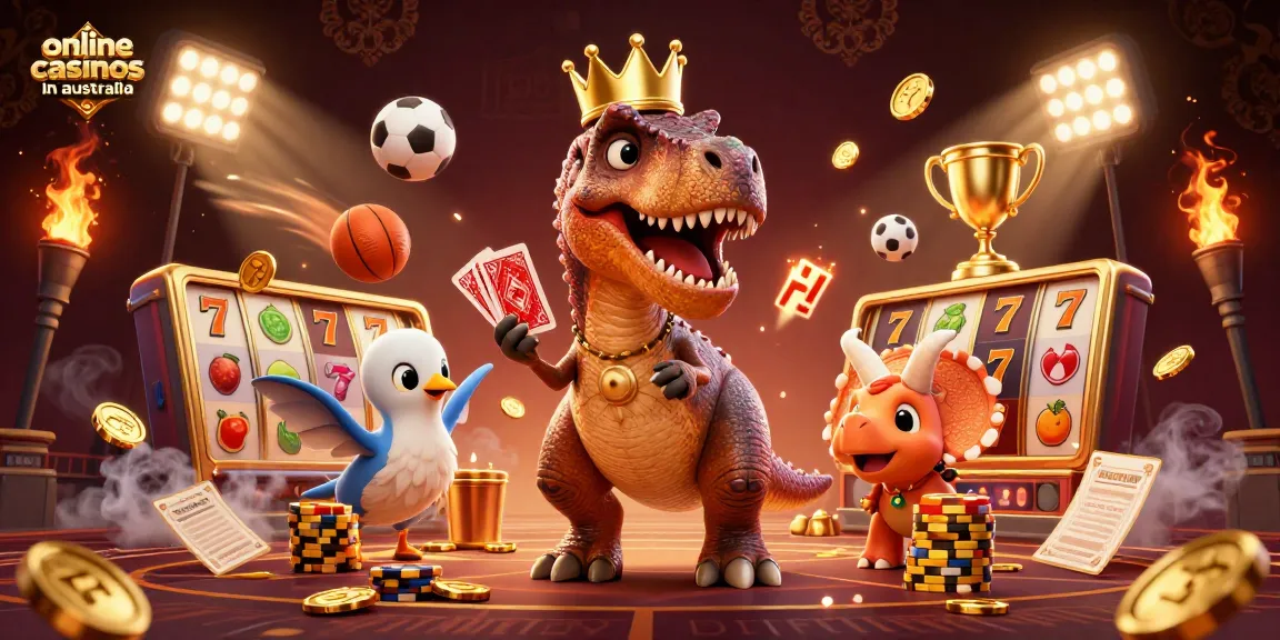 Engaging scene of cartoon characters in a casino setting exploring online casinos in Australia.