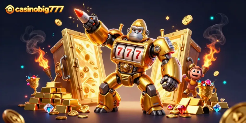 Experience thrilling gameplay with casinobig777, featuring a dynamic golden gorilla mech amidst treasure and slot symbols.