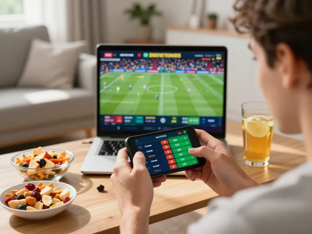 Engaged user placing keo nha cai bets on mobile app with live sports display in modern home.