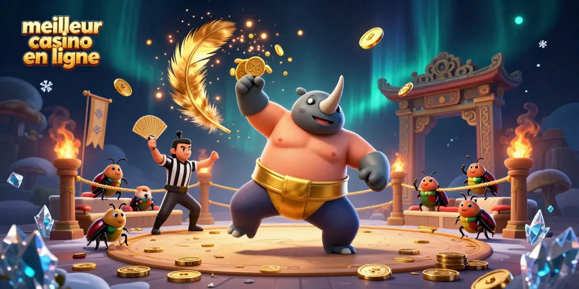 Voici une illustration animée 3D représentant le meilleur casino en ligne, avec un scarabée rhinocéros sumo entouré de pièces d'or.