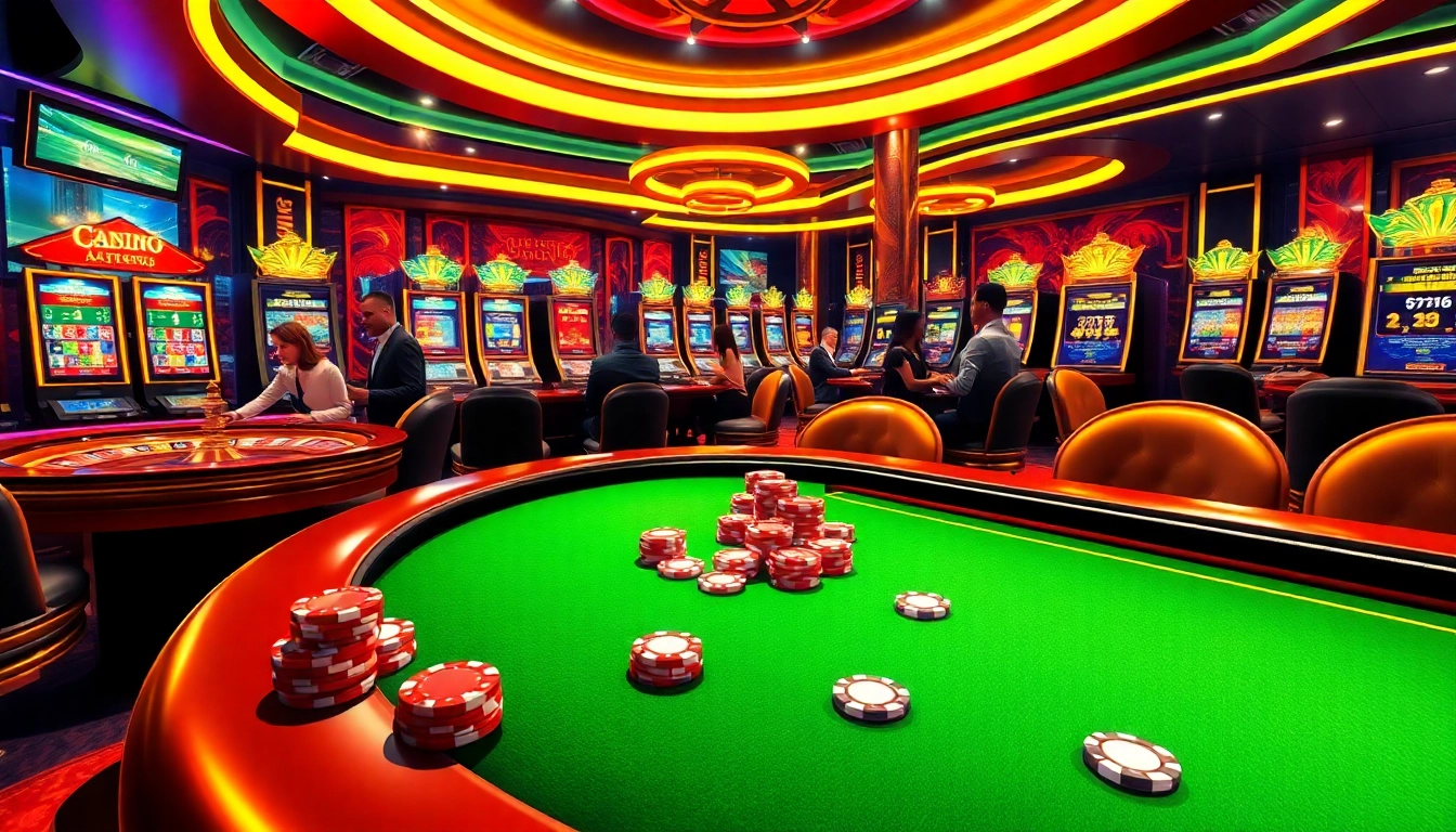 Expérience de jeu virtuelle captivante dans un casino en ligne français, mettant en avant des joueurs dynamiques et des machines à sous vibrantes.