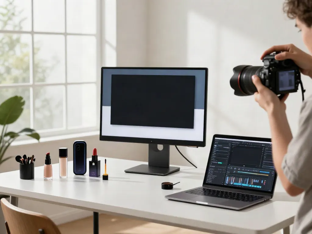Amazon product photo generator in use, showcasing a modern workspace with professional product photography.