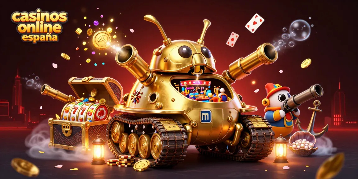 Disfruta de casinos online en España en una escena vibrante con un tanque de escarabajo de oro y elementos de juego.
