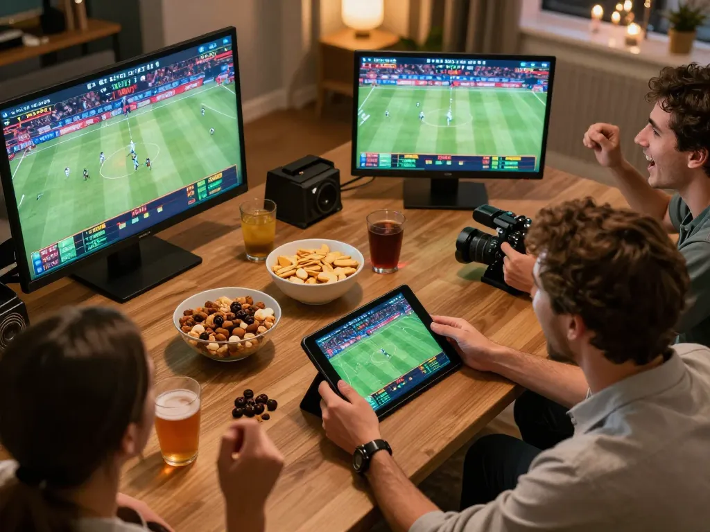 Okwintv user passionately betting on sports during home game night with multiple screens.