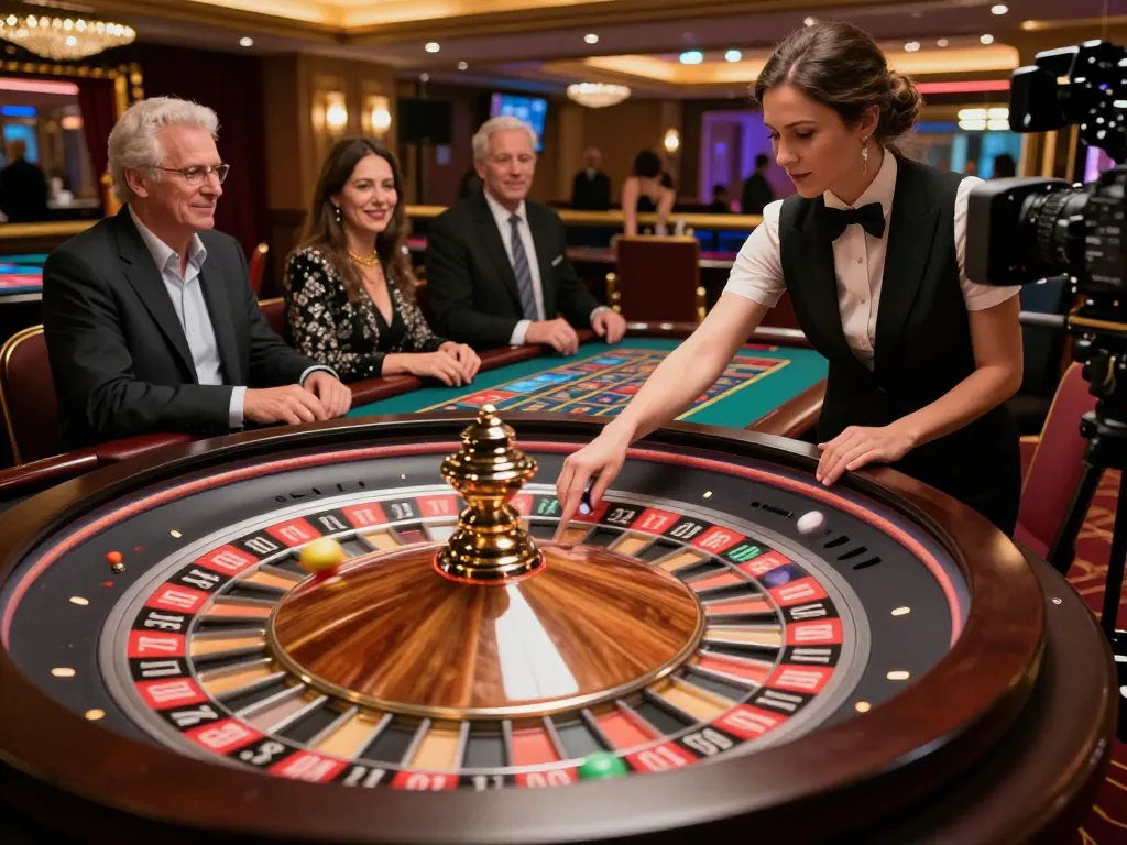 A roulette game in action at an upscale casino non aams legali, highlighting the croupier, players, and vibrant decor.