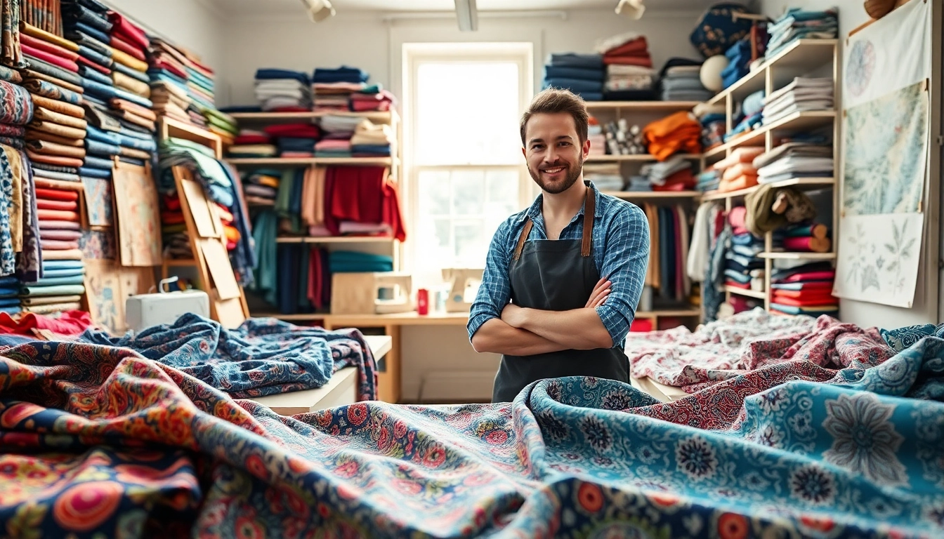 Verken de populaire stoffen collectie met kleurrijke stoffen en patronen in een creatieve omgeving.