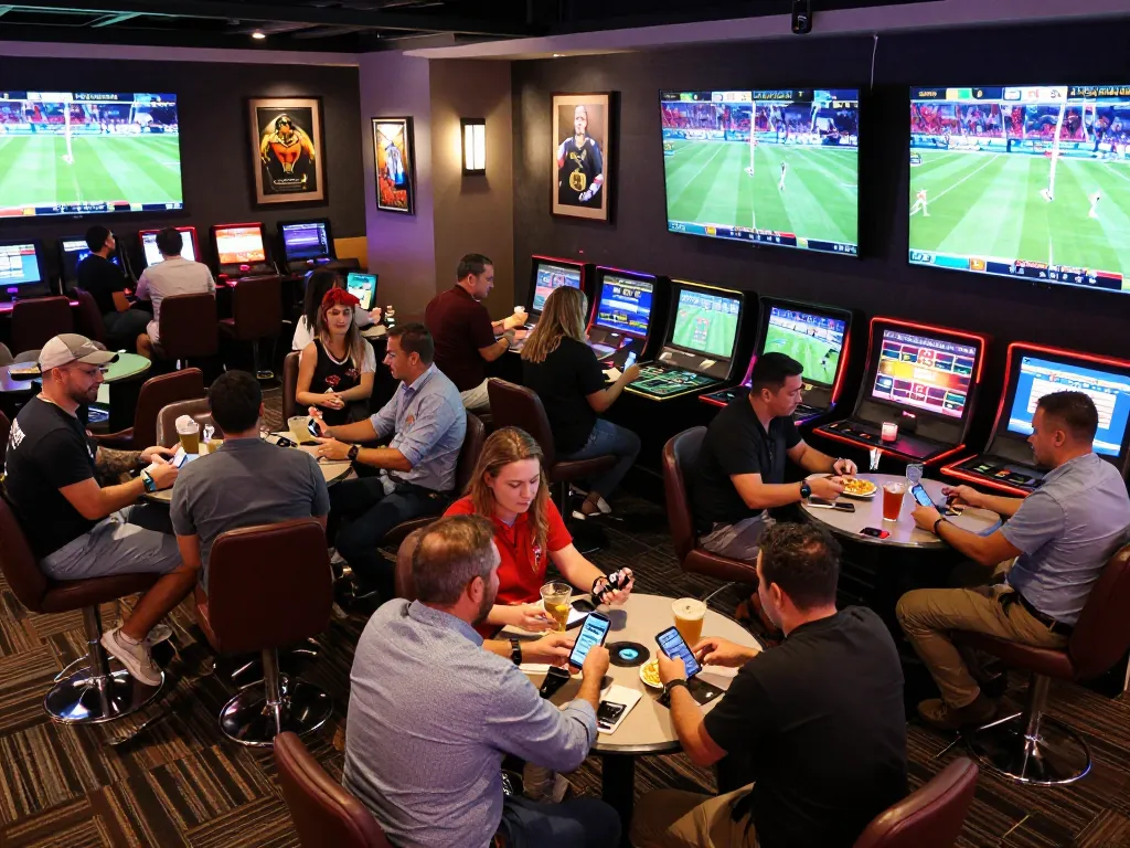 Engaging scene of people placing bets at the migliori siti scommesse stranieri, focused on sports events and mobile betting activities.