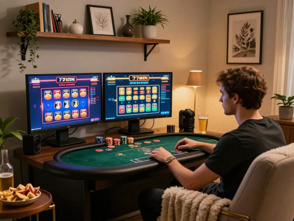 Experience top-notch gameplay at 77WIN with an engaging online gambling setup featuring poker and slots.