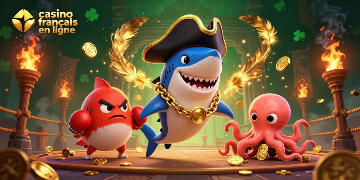 Gagnez au casino français en ligne avec un bébé pieuvre tenant des pièces d'or et des amis colorés.
