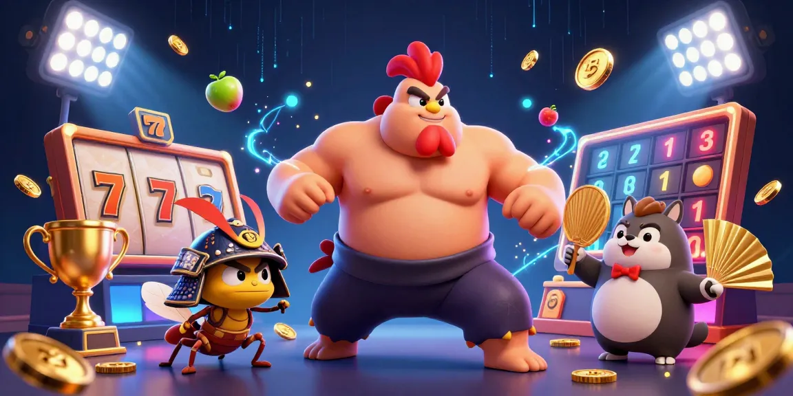 Illustration dynamique de "meilleurs casinos en ligne en France" avec un sumo, un criquet et un tanuki au milieu des machines à sous.