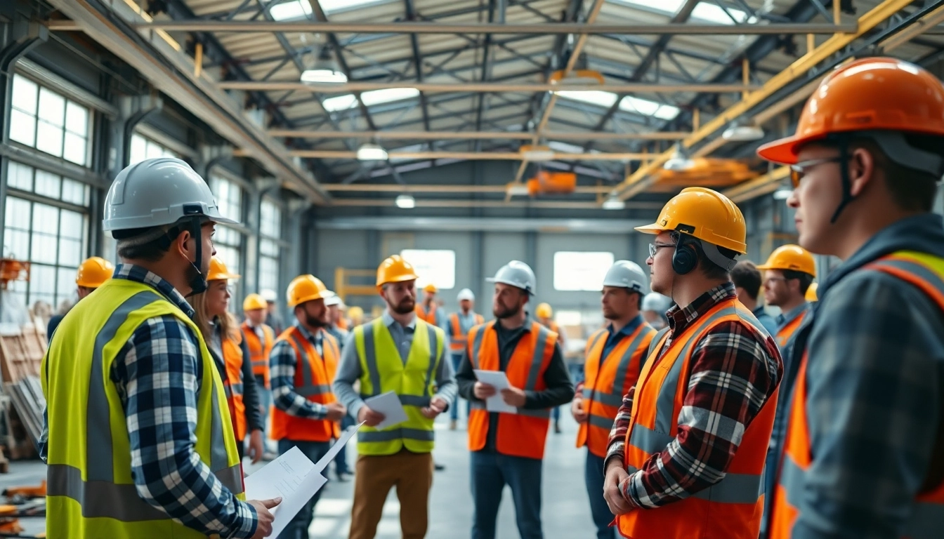 Participating in construction safety training, workers learning vital safety skills in a bright environment.