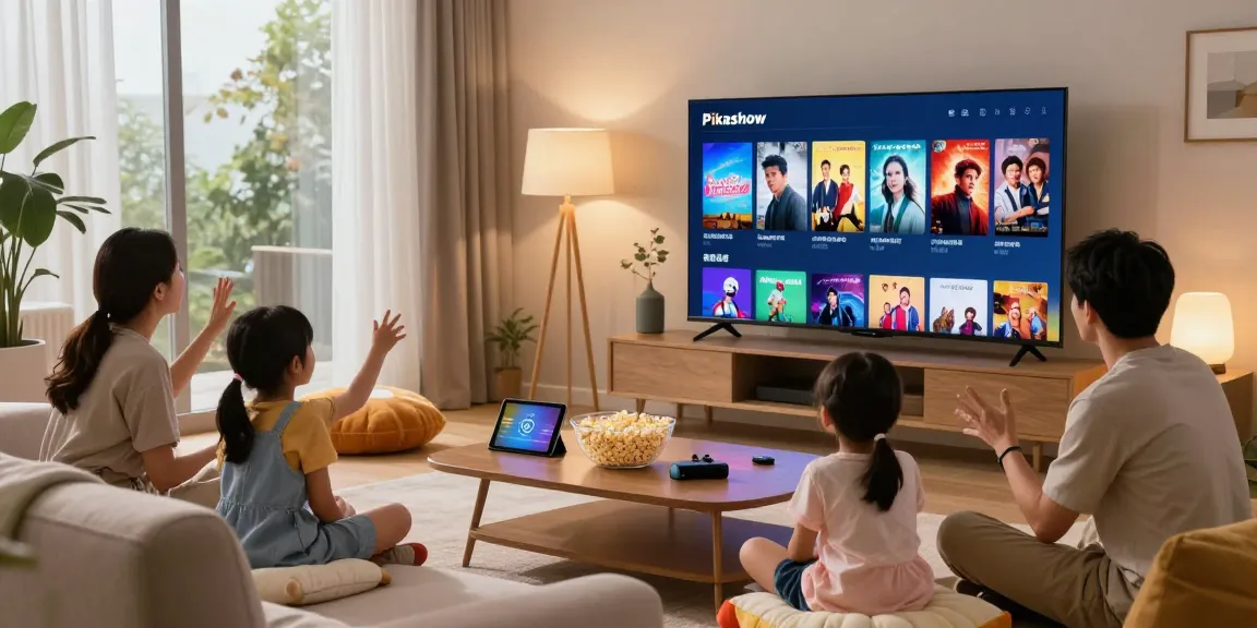 Family enjoying Pikashow streaming on a smart TV in a cozy living room.
