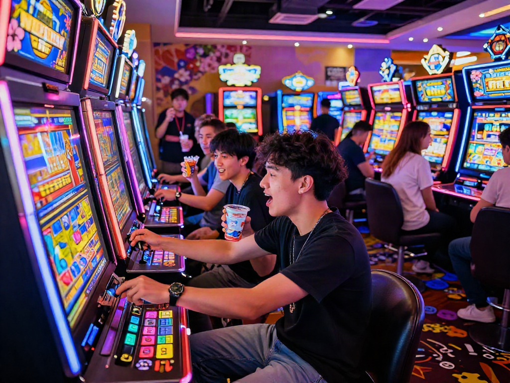 People enjoying a lively slot jepang gaming experience with vibrant machines and bright lights.