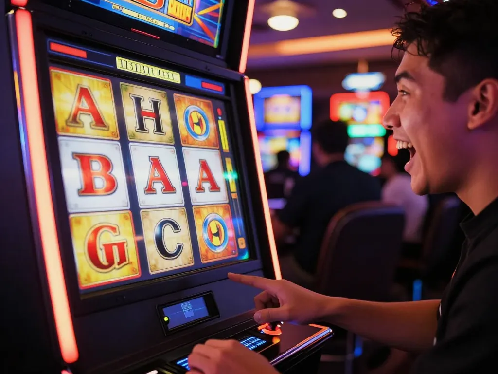 Player engaging with a slot machine, showcasing the thrill of slot gacor saat ini and vibrant casino lights