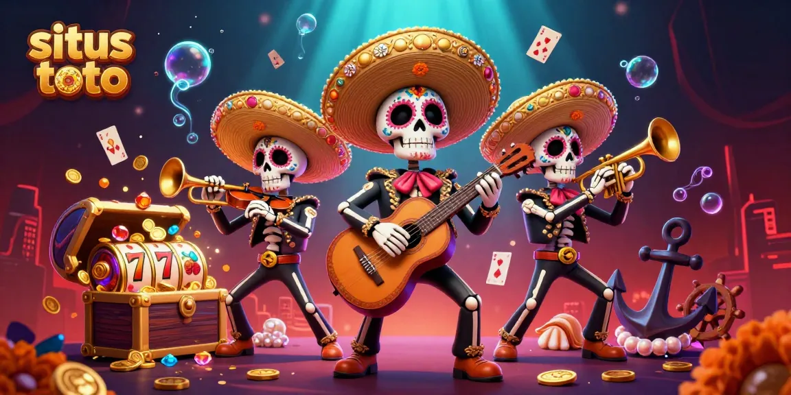 Experience situs toto excitement with a vibrant 3D illustration of gambling elements and musical skeletons.