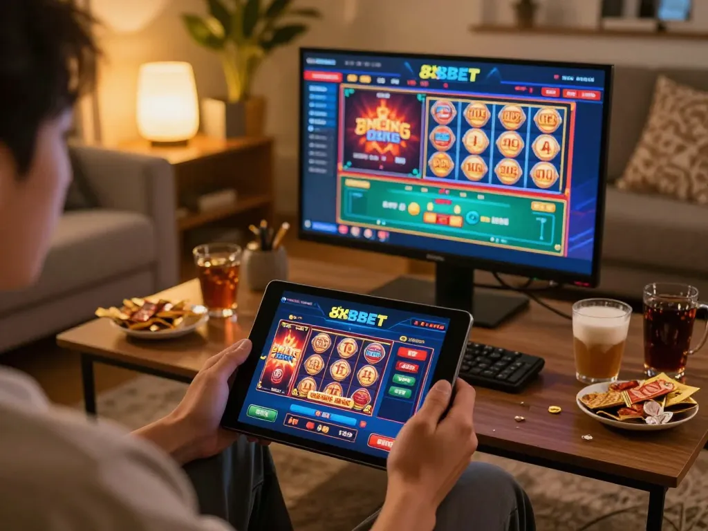 Engaging online gaming moment at nhà cái 8xbet with tablet displaying exciting casino games