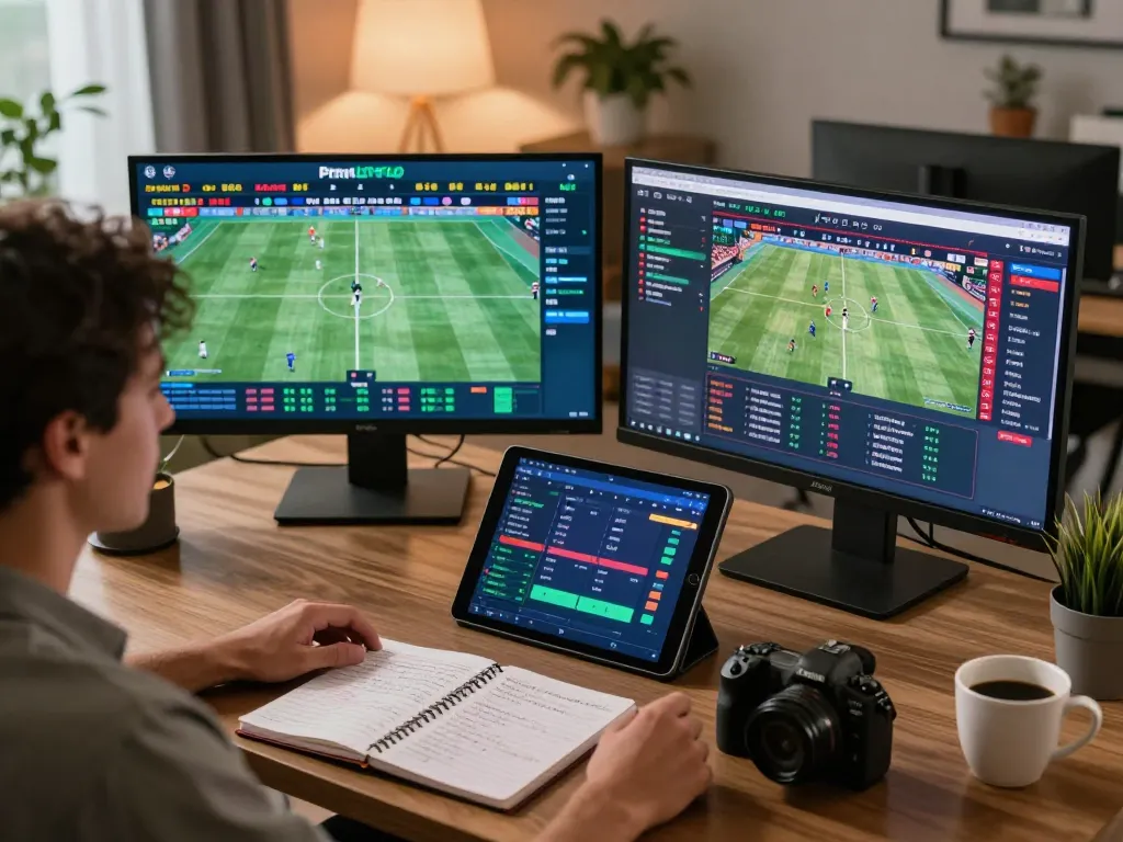 Engaging in strategic online betting on Fabet with multiple screens showing live sports events.