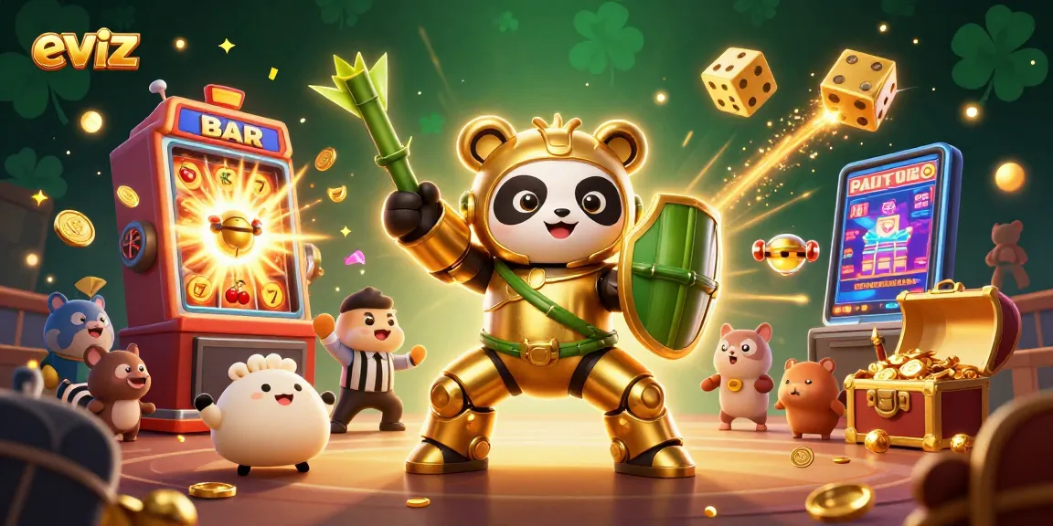 eviz showcases a thrilling casino battle featuring a golden panda in a mech suit surrounded by animated casino elements.