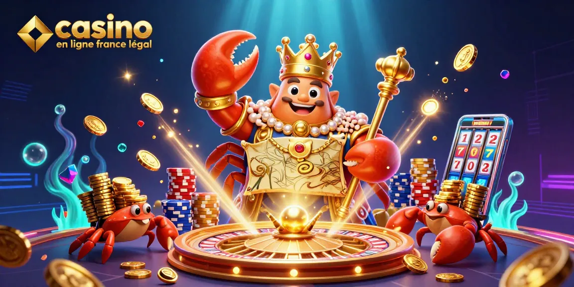 Le jeu au casino en ligne France légal avec un empereur crabe doré et d'autres personnages sous-marins entourés de trésors et de jetons colorés.