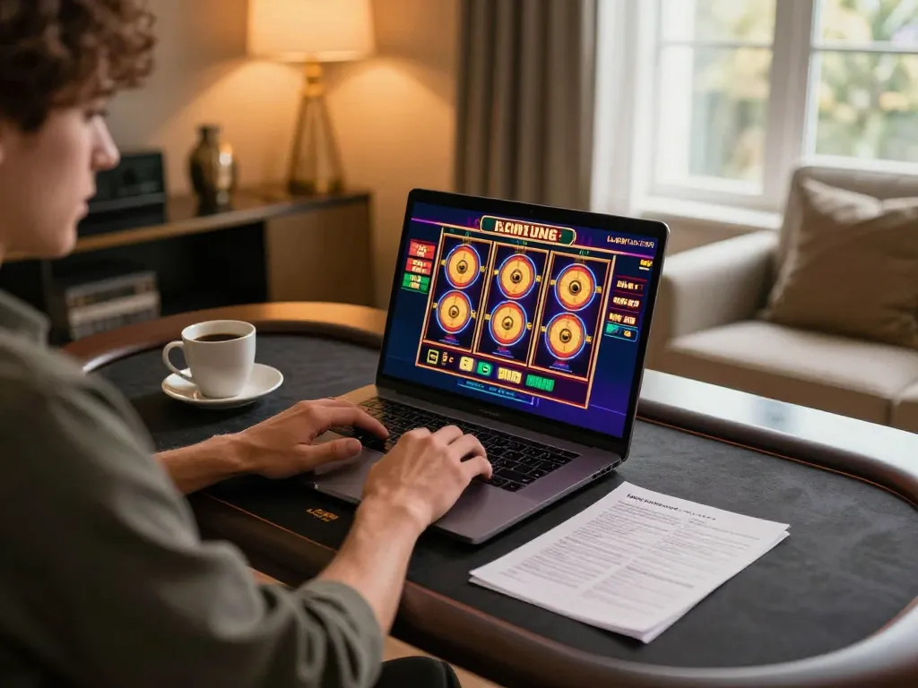 Engaging with vibrant 388bet slot machine graphics in a cozy home gaming setup