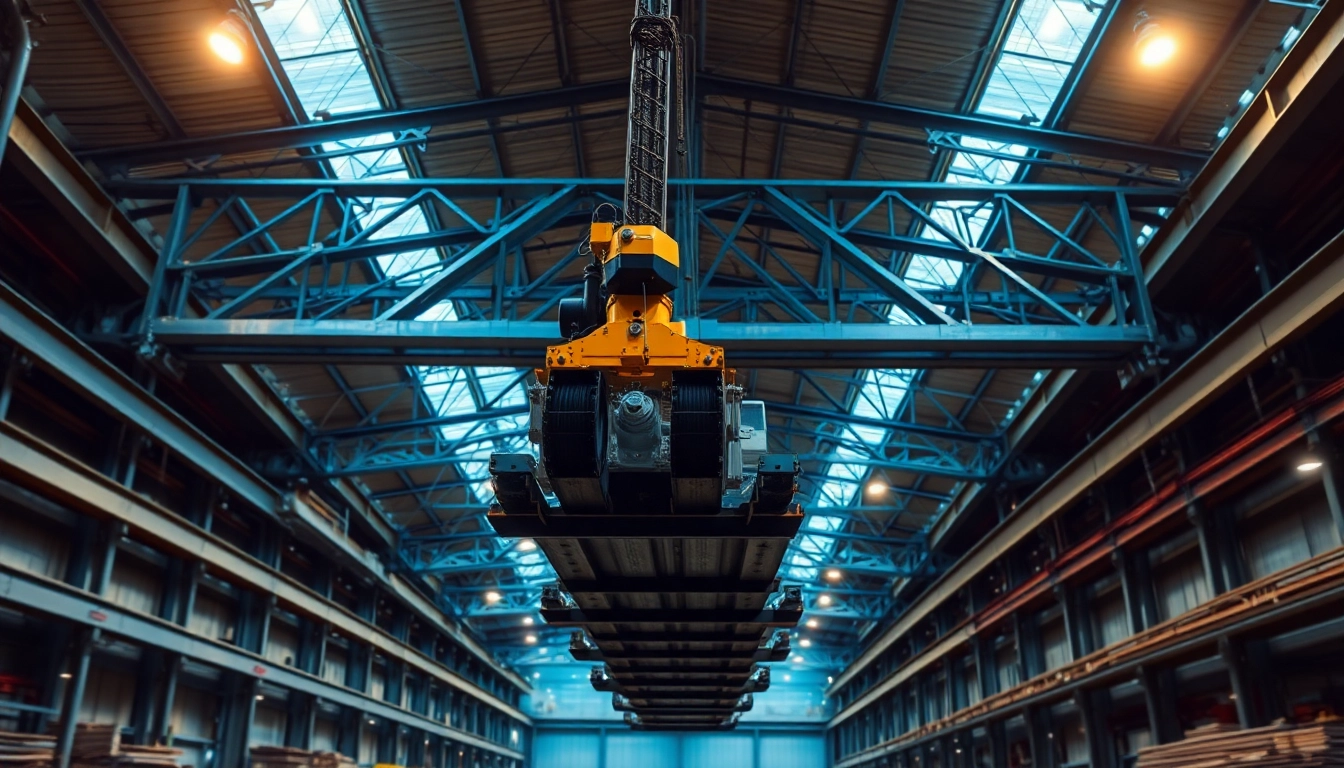 Double girder bridge crane lifting heavy steel beams in a modern industrial warehouse.