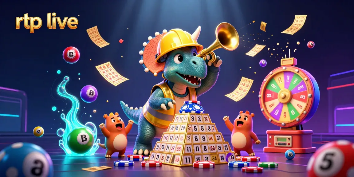 Engage with rtp live as a triceratops builds poker chip pyramid amidst lively lottery elements.