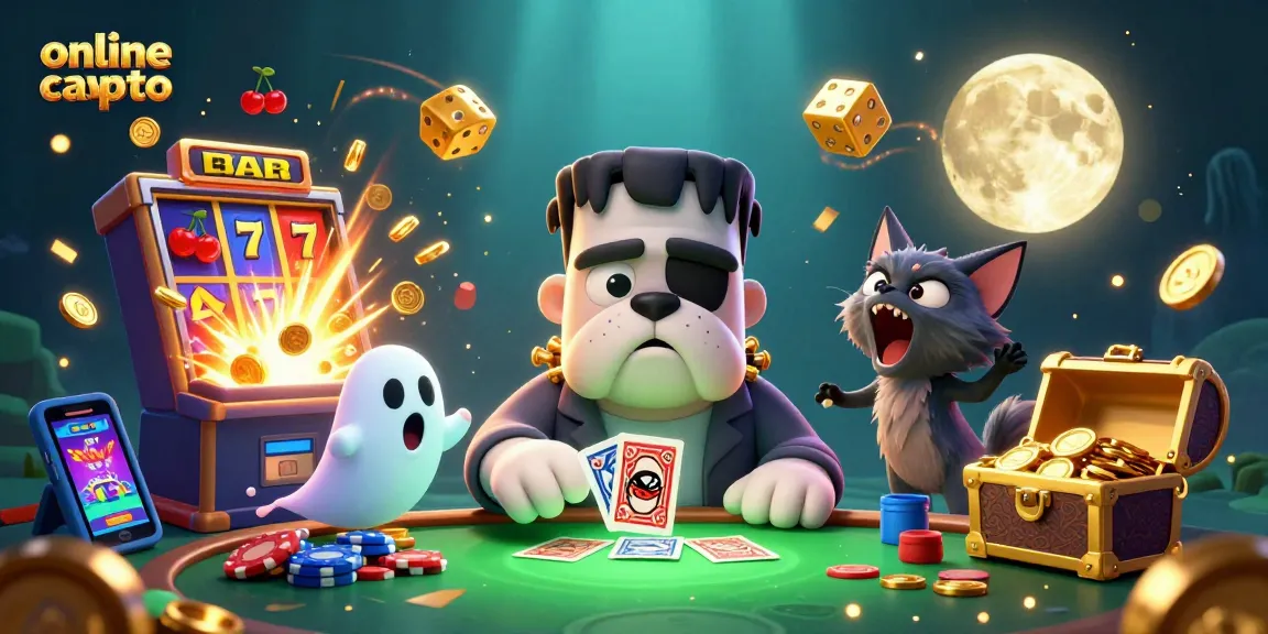 Giocare in un online crypto casino con un bulldog Frankenstein e un gatto lupo tra tesori e simboli fortunati.