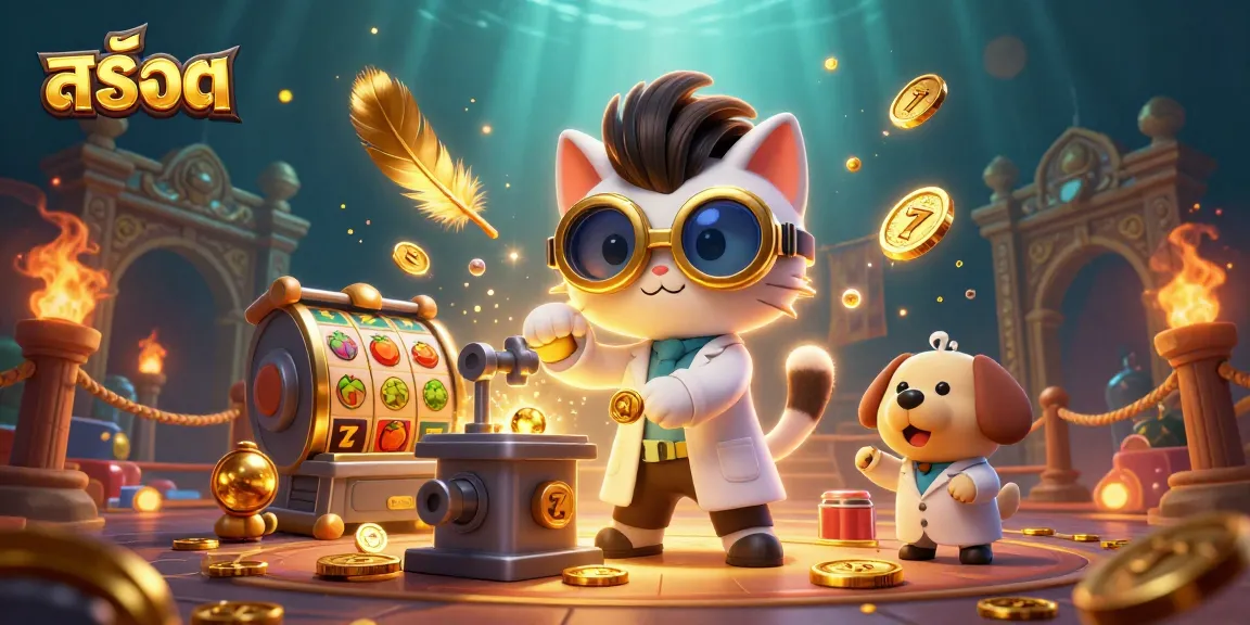 Experience the thrill of สล็อต with a mad scientist cat and dog creating gold coins amid vibrant casino elements.
