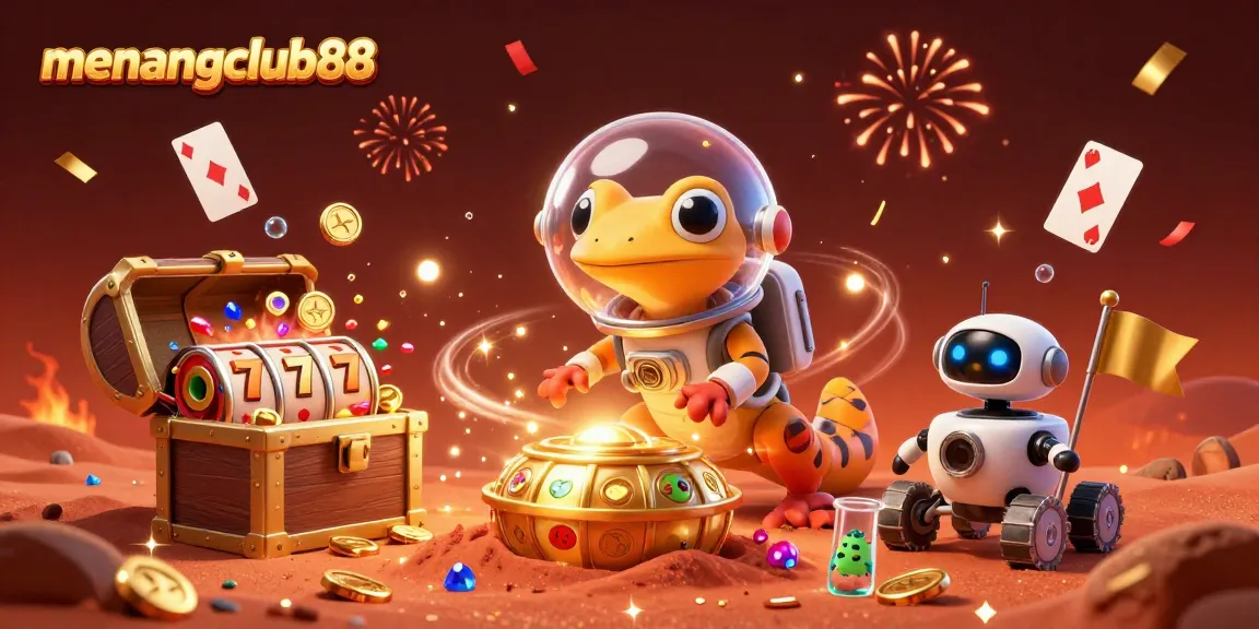 Explore the golden casino adventure with menangclub88's cartoon Martian gecko amidst treasure and festive elements.