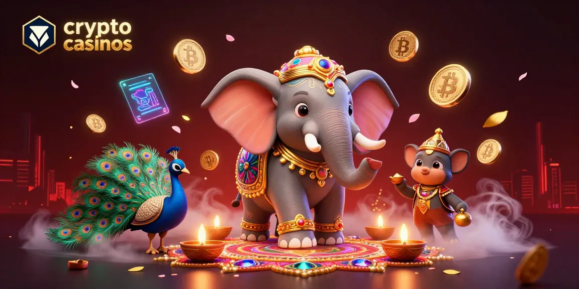 Les crypto casinos émergent avec des éléphants et des pélicans dans un décor festif dynamique.