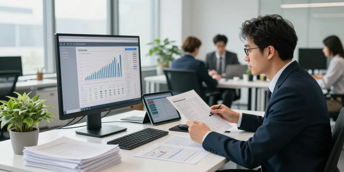 Asset tracing professional reviewing data in modern office setting