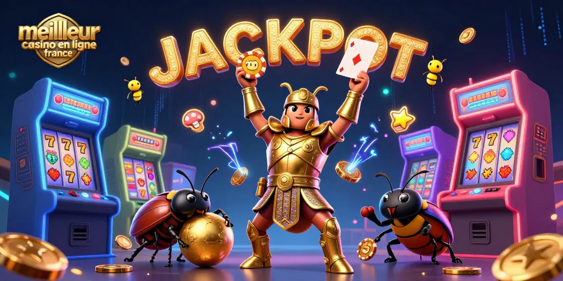 Le meilleur casino en ligne France célèbre le jackpot dans une scène colorée avec des éléments de jeu.
