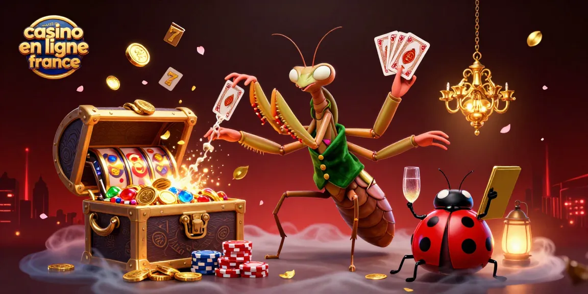 Illustration dynamique du meilleur casino en ligne France avec un caméléon et une coccinelle dans un décor animé.
