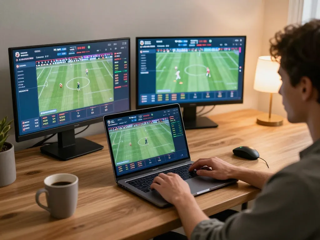Person using laptop for live sports betting on Ok9 with vibrant game odds displayed