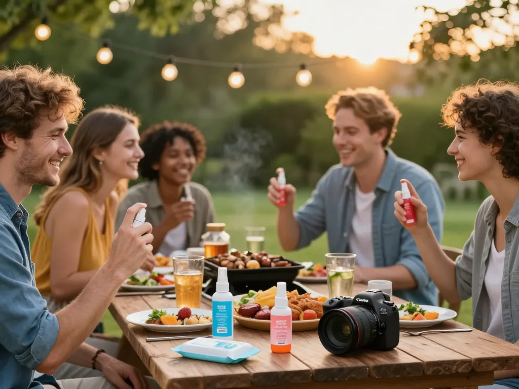 Group enjoying picnic with mosquito repellent products ensuring comfort and protection during summer barbecue.