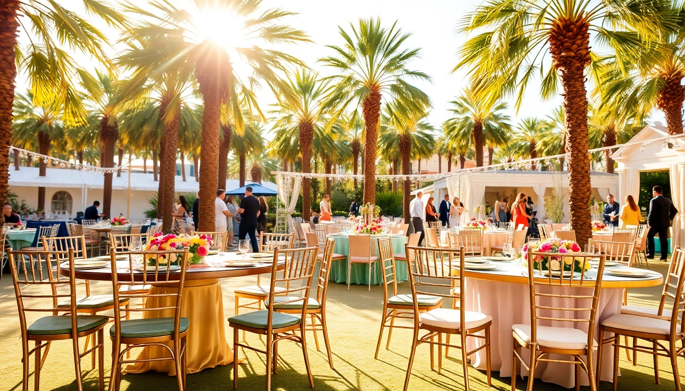 Las Vegas Chair Rentals showcasing an elegant outdoor event with stylish chairs and vibrant decor.