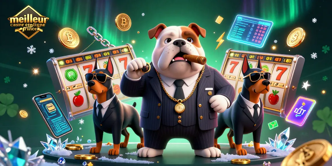 Profitez des meilleures expériences de jeu avec le meilleur casino en ligne France, illustré par un chien bulldog mafia et des éléments de casino captivants.