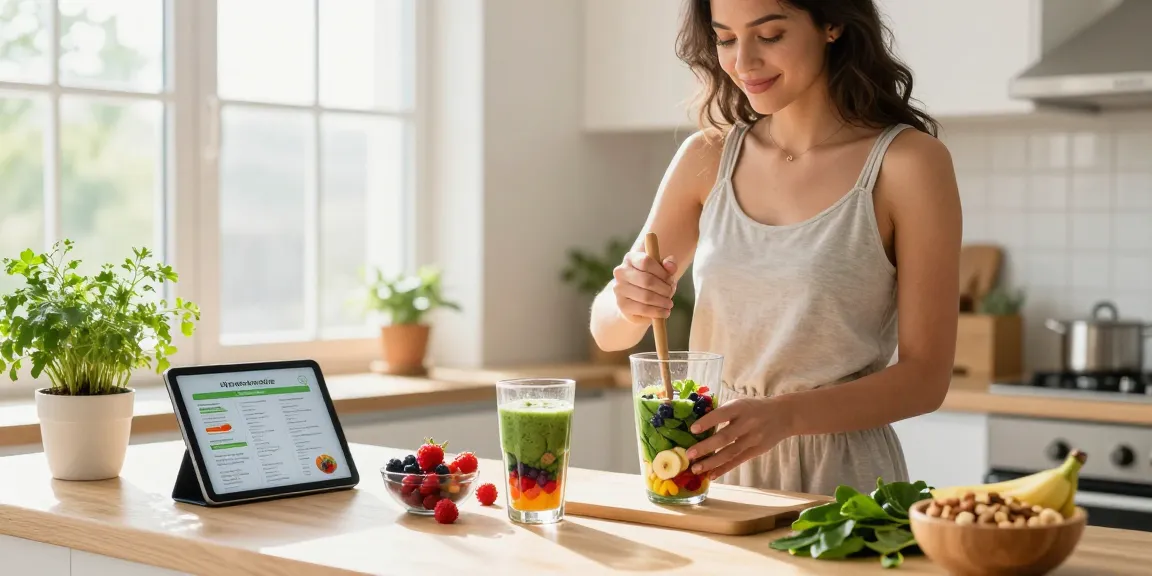 Healthy morning smoothie preparation with antioxidant supplement Canada in modern kitchen.