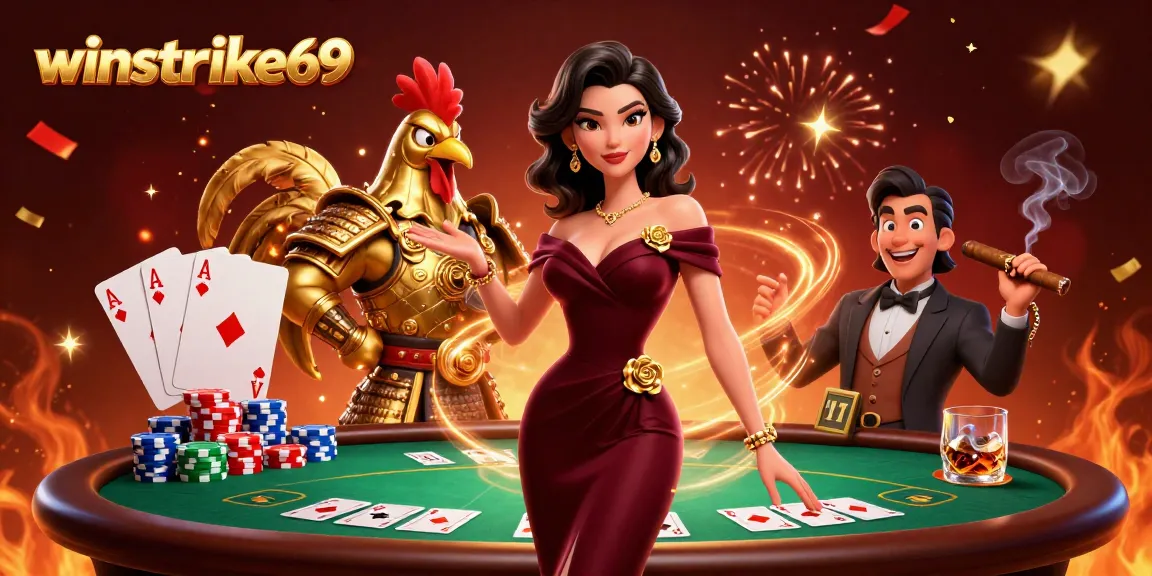 Experience excitement with winstrike69 at a vibrant casino scene featuring glamorous characters and poker elements.