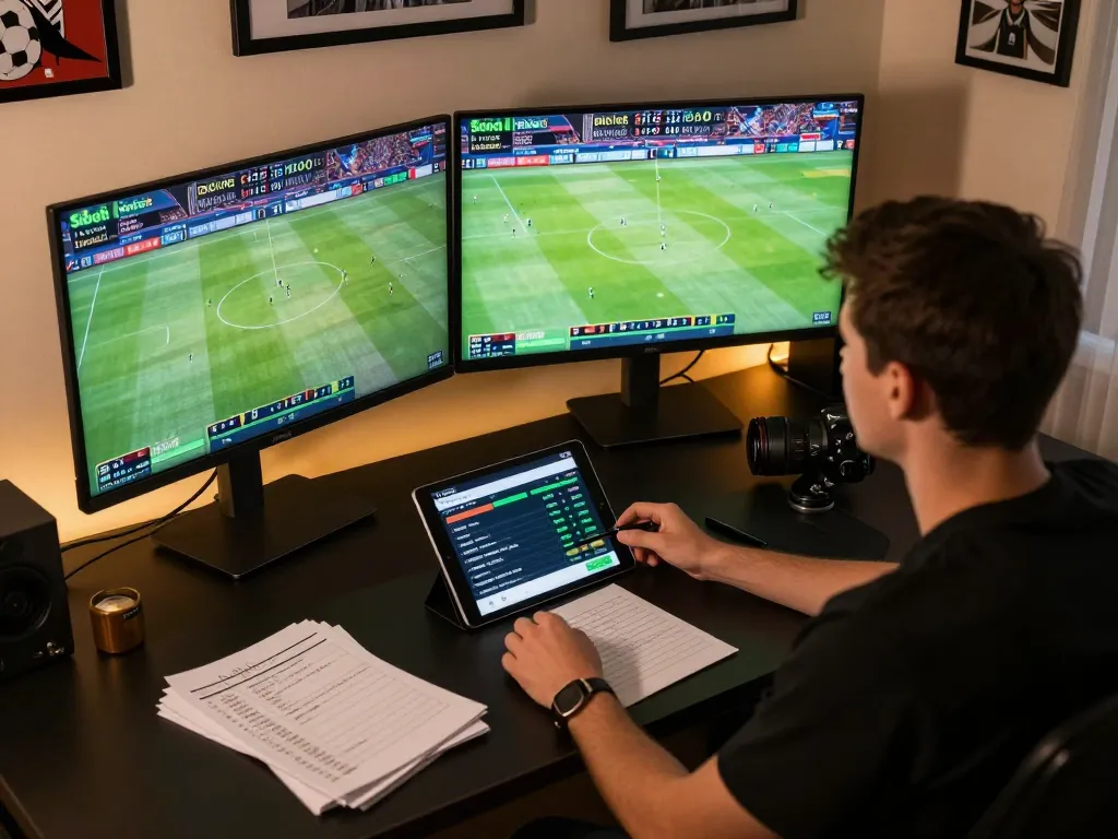 Sbobet app displayed on tablet for sports betting strategy in a modern home office setting