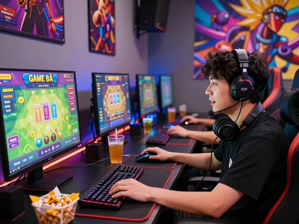 Exciting GAME BÀI hubet88 online gaming scene with a focused player at a vibrant gaming desk.