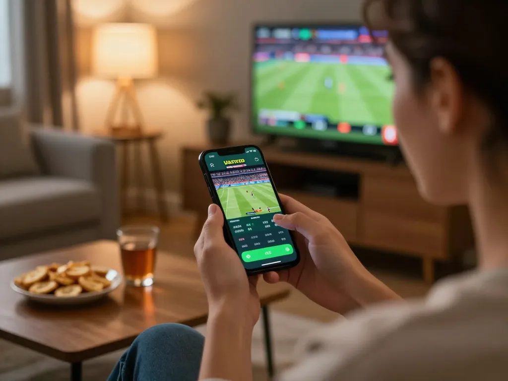 Engaging with khuyến mãi 28bet while using a smartphone for mobile sports betting in a cozy home setting.