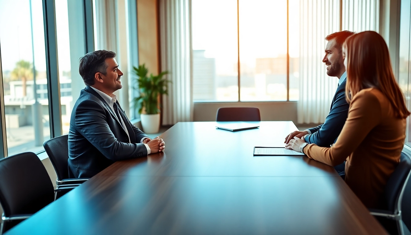 Mediation session with a professional mediator engaging clients in a modern office.