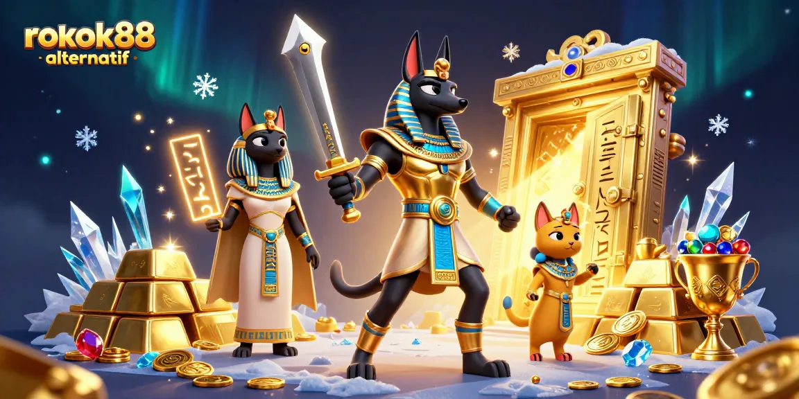 Experience rokok88 alternatif with a 3D dynamic Egyptian-themed casino illustration showcasing gold treasures.
