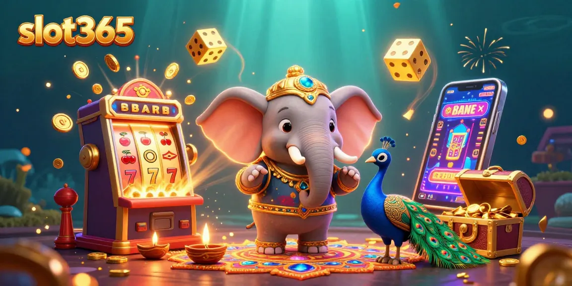 Experience thrilling jackpots with slot365 in this vibrant casino scene featuring colorful characters and game elements.