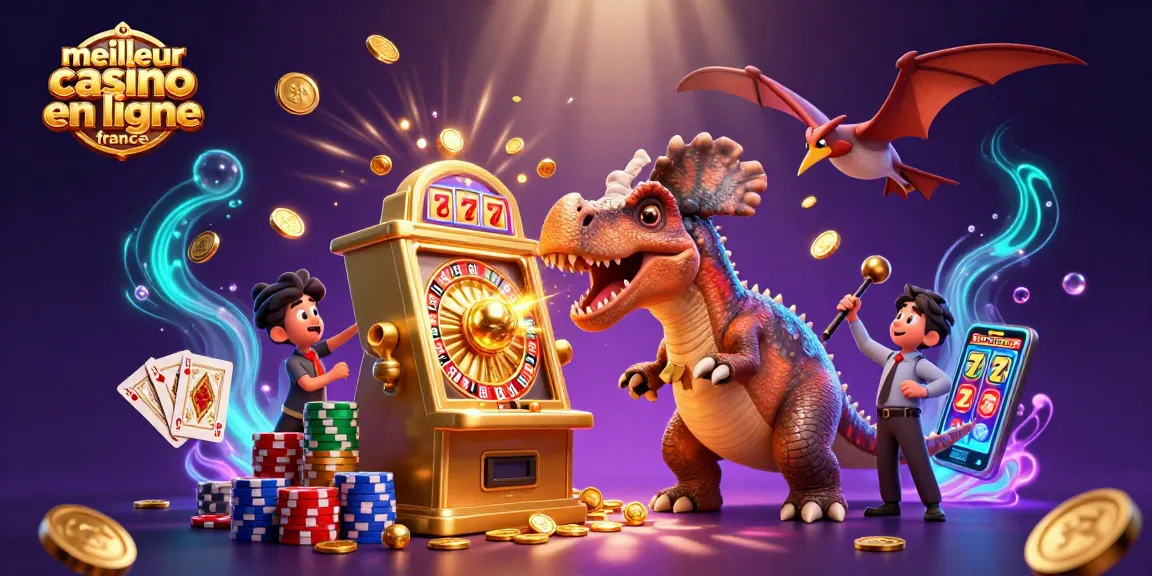 Rencontrez le meilleur casino en ligne France dans une scène animée de jeu, avec des dinosaures et des machines à sous.