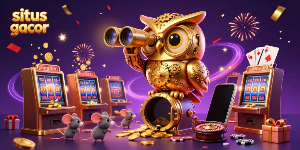 Menghadirkan situs slot gacor dengan burung hantu berkarakter 3D dan elemen kasino yang berwarna-warni.
