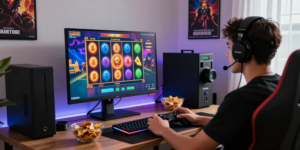 Gamer experiencing an exciting moment in a slot deposit 1k game, surrounded by gaming gear in a vibrant room.